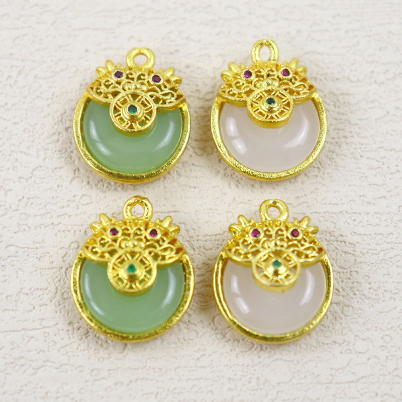 天然保色铜镀金玉石吊坠DIY手工古法镶嵌中国风龙狮挂件配饰项饰吊坠