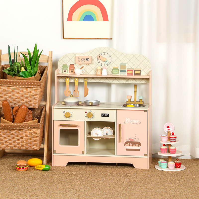 Wooden children's simulation dream kitchen stove and cookware set, educational toys, play house, kitchen scene simulation cooking toys Application Scenario