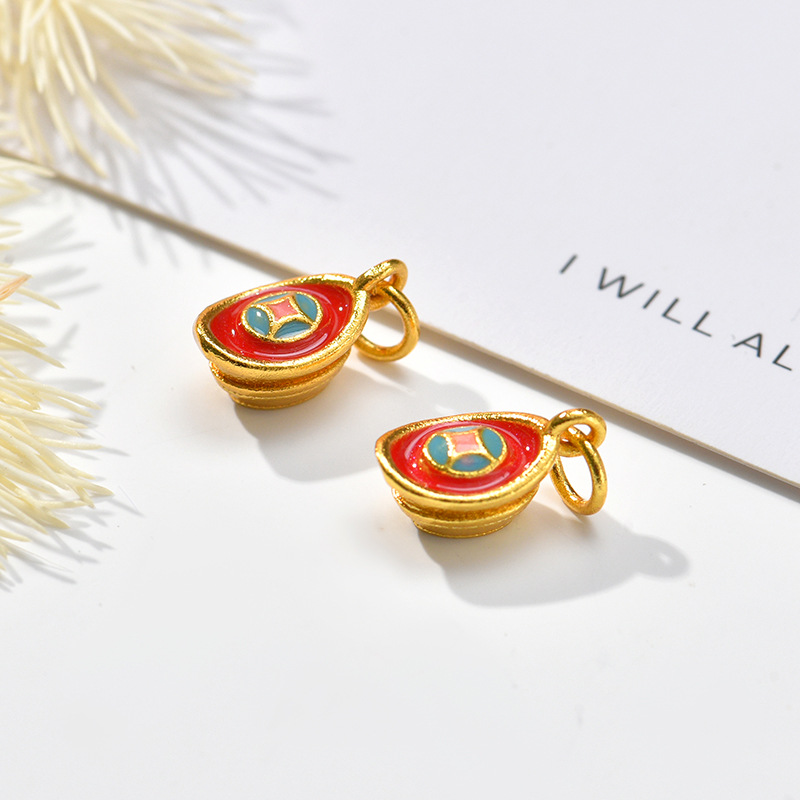 Wholesale of fashionable handcrafted accessories such as sand gold color-preserving blue oil-dripping small pendants, gold ingots, gold spoons and gold bowls details Picture
