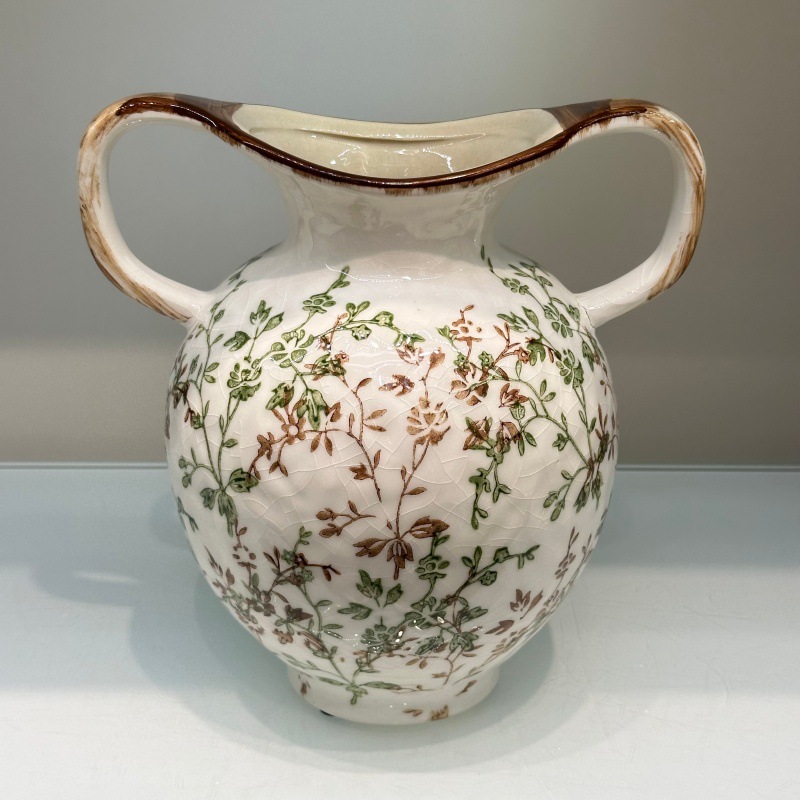 双耳陶瓷冰裂小花瓶水养鲜花摆件手绘繁花花盆陶瓷瓶