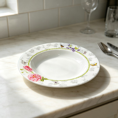 Direct sales from the foreign trade manufacturer: white base with edge printed melamine dinner plates in commercial stock. Durable and wear-resistant, round