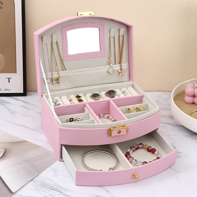 Cross-border pink princess-style children's jewelry storage box, earrings and accessories, hand-held jewelry box with lock, wholesale jewelry packaging, jewelry bags