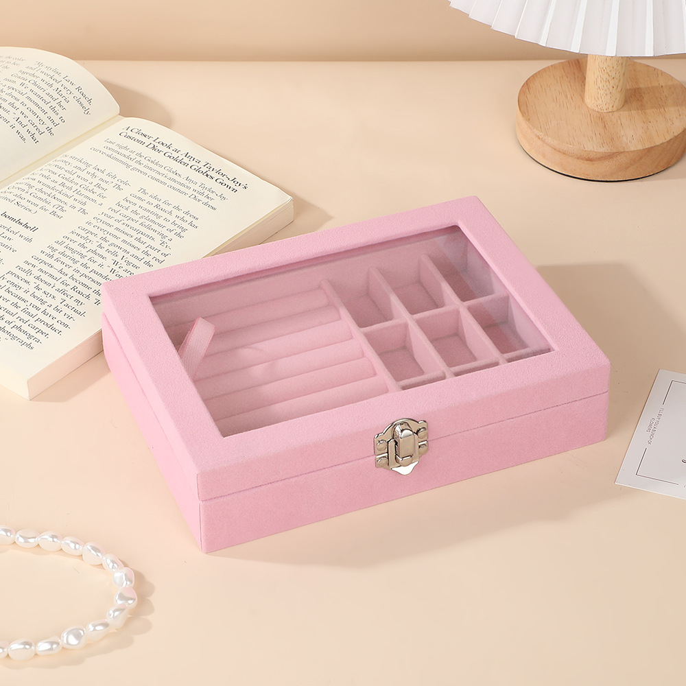 New high-end velvet glass transparent flip cover jewelry storage box, jewelry ring necklace display box, accessory packaging storage box Specification image