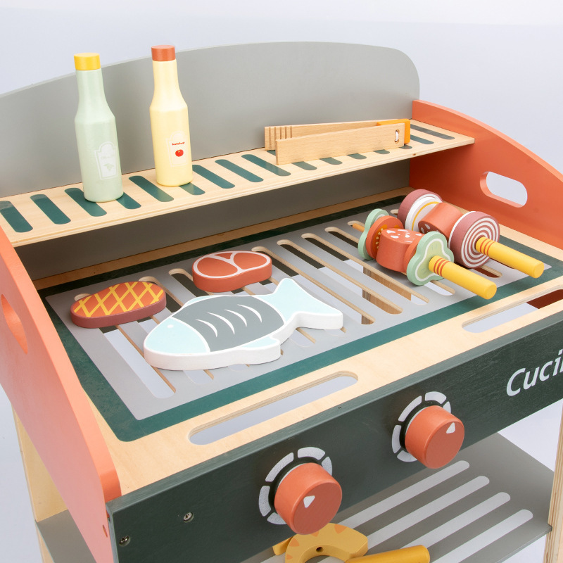 Children's wooden simulation barbecue grill house set, boys' and girls' kitchen and dining room toys, cognitive games, fun toys details Picture