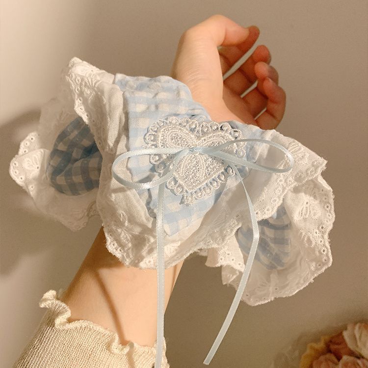Sea salt bubble blue checkered bow lace large hair band for women, Korean summer super large hair tie headwear