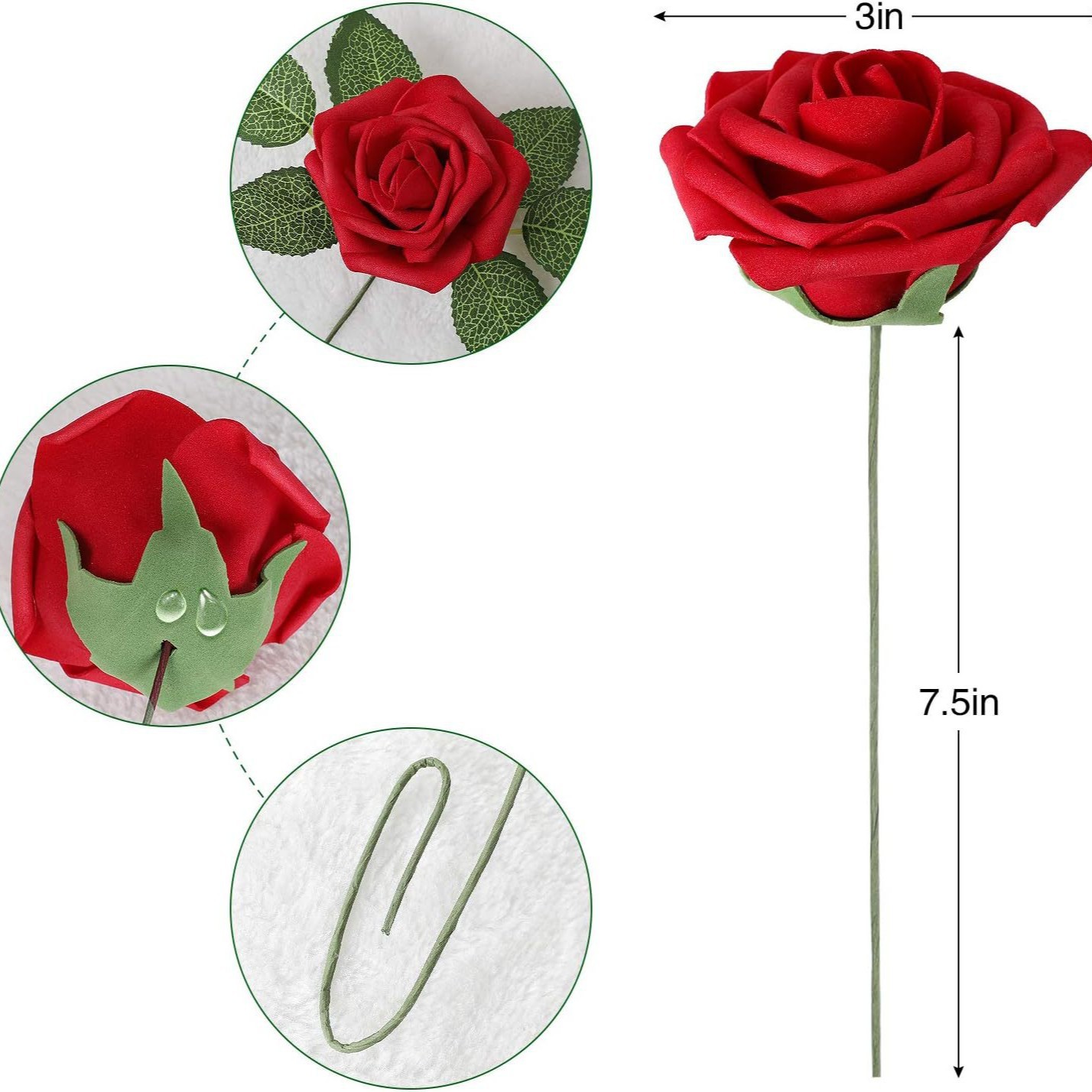Artificial rose 16/25/30/50 flowers, 8CM, bagged with stem, wedding, office, garden decoration foam flower head and flower stand details Picture