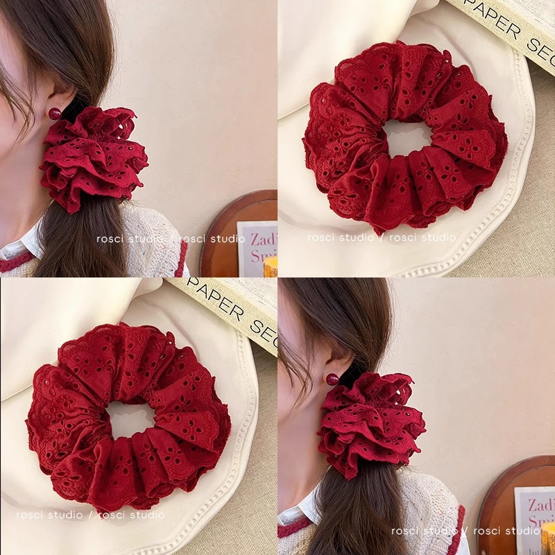 2024新款气质蕾丝大号发圈女用红色扎头发头花大肠发饰头饰配饰
