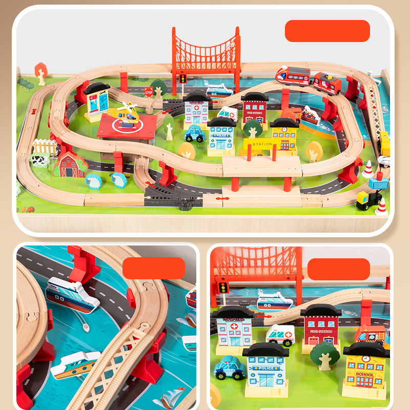 New beech wood simulation train track children's educational assembly solid wood toy set train track toys details Picture