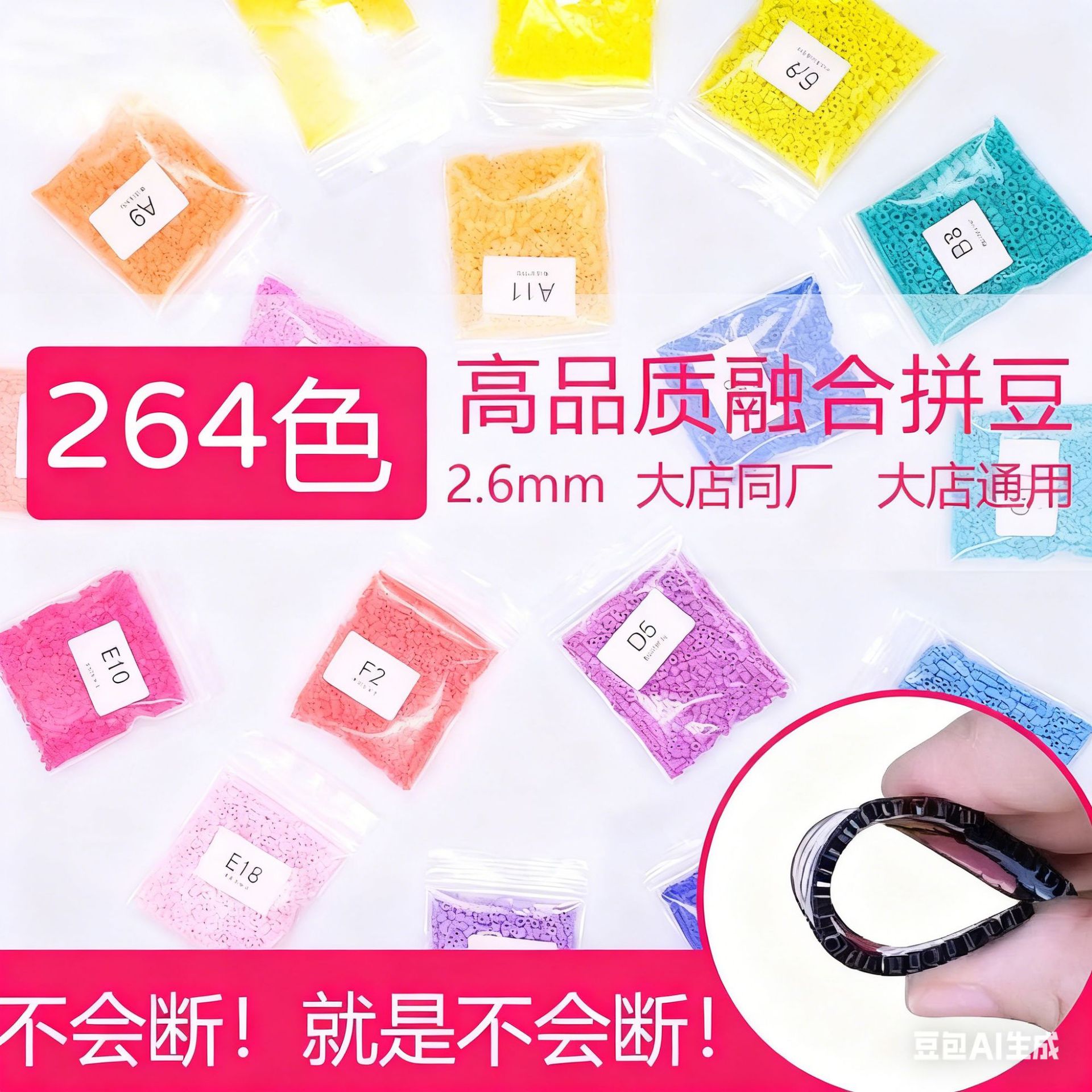 拼豆补充包融合豆全色系1000粒袋装2.6mm拼豆DIY拼图材料摆摊批发