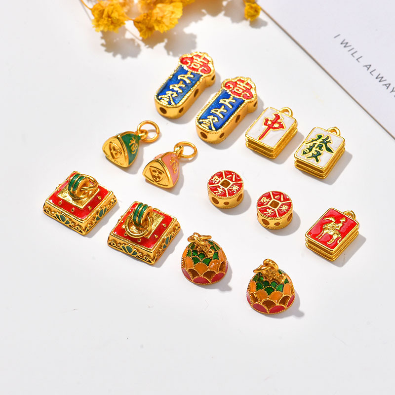 哑金国潮珐琅烧蓝锦鲤顺字印章吊坠挂件DIY手链手串饰品配件