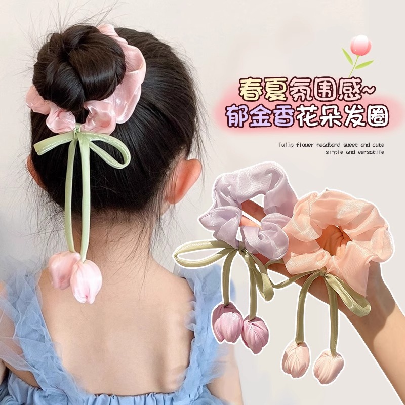 Spring girls' tulip flower bow tassel large intestine circle sweet and stylish, micro-light hair band accessory headwear details Picture