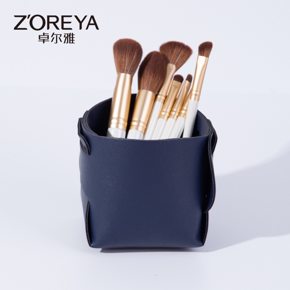 简约皮革化妆品收纳筐玄关杂物钥匙折叠置物桶小号PU桌面整理盒美容护肤彩妆工具化妆刷刷包