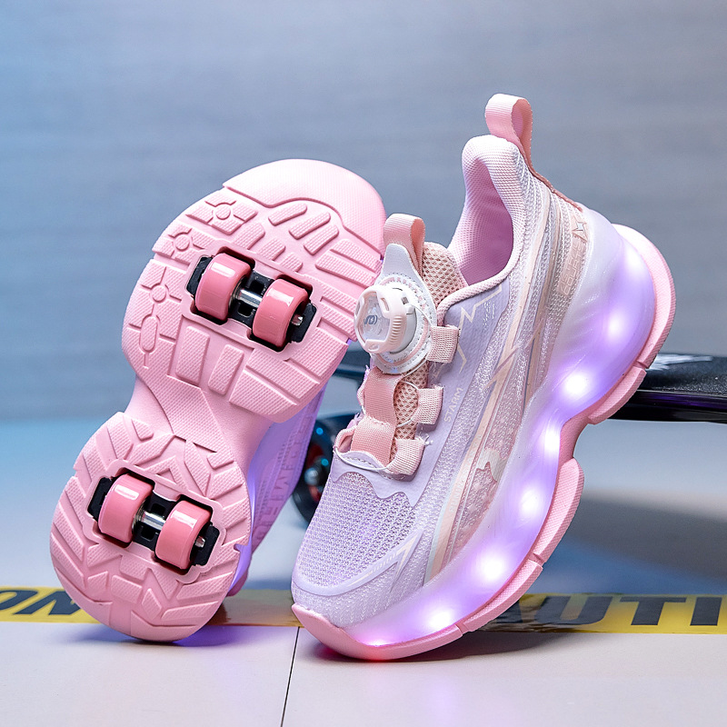 Girls' walking shoes, four-wheel charging luminous roller skates, children's breathable sports shoes, boys' two-wear eight-wheel roller skates