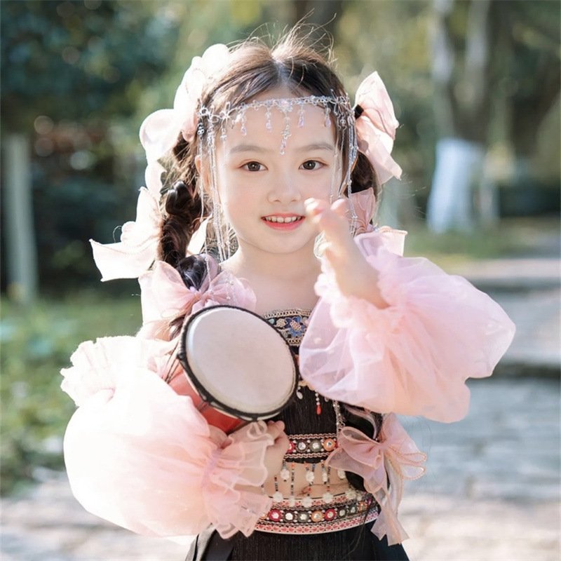 Children's Hani ethnic false braids, long hair, double ponytails, bows, baby hair accessories, photo props, cute braids Specification image