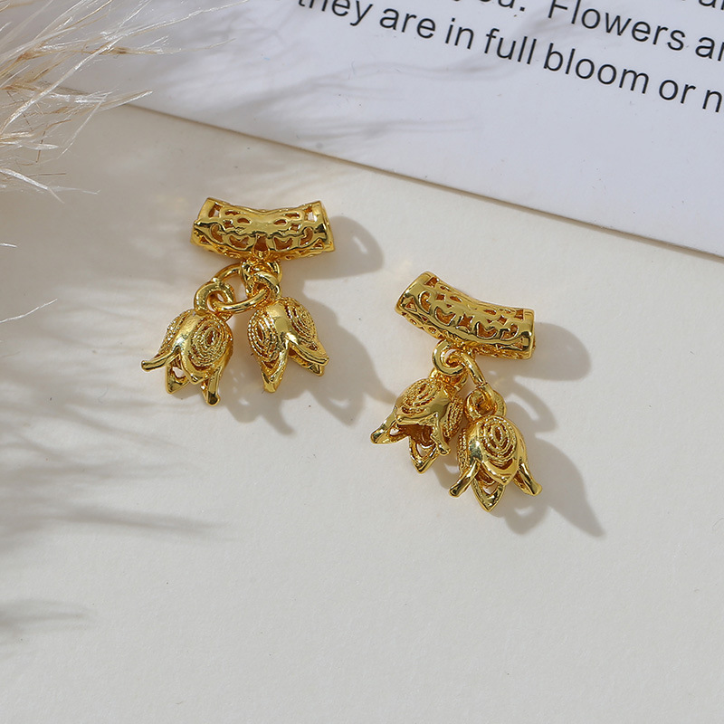 Ancient-style gold color preservation blue lily flower curved tube pendant diy bracelet necklace, hollow flower bud sand gold pendant accessory details Picture