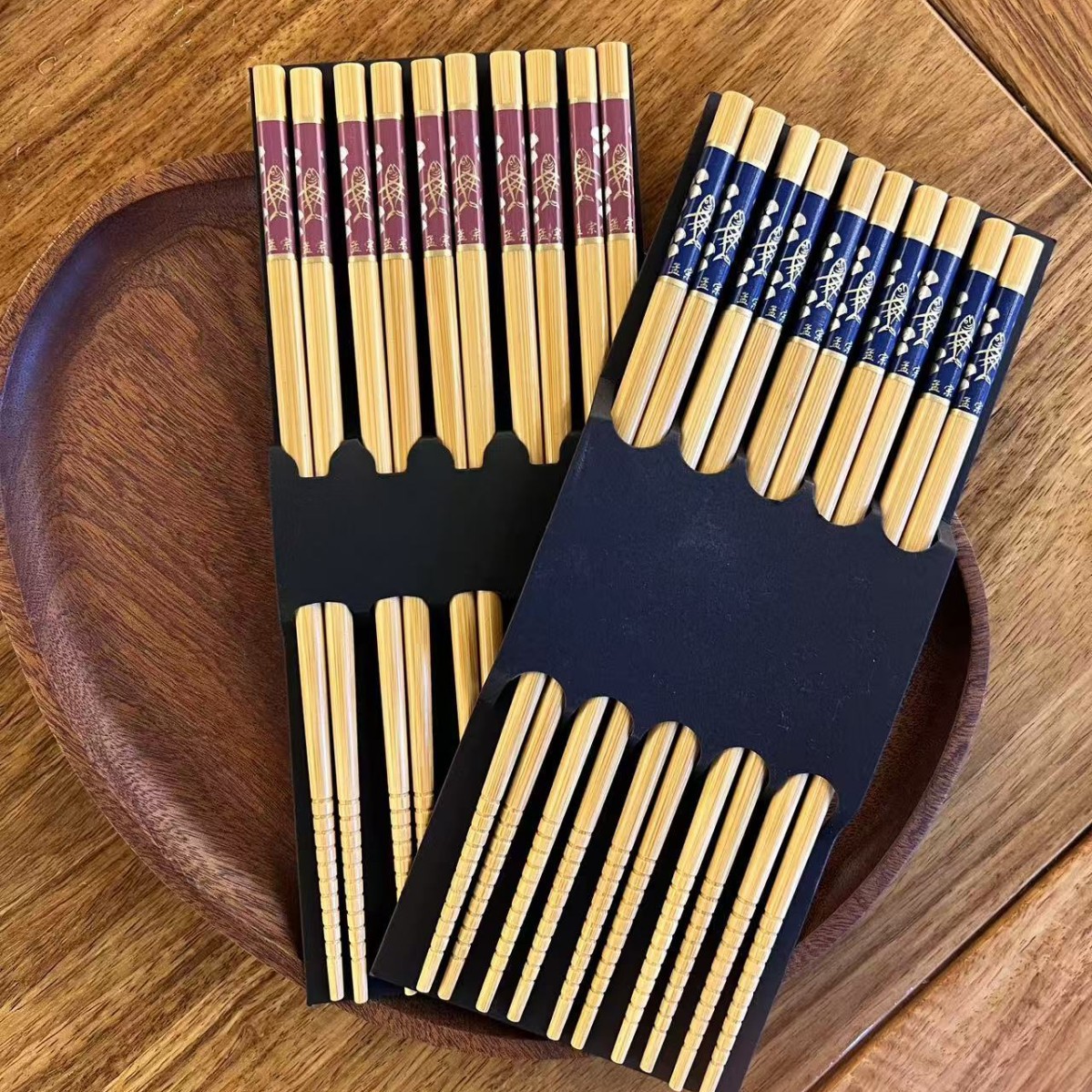 Japanese-style and Chinese-style bamboo chopsticks, red and blue fish printed tableware, five pairs set, home, restaurant, daily necessities