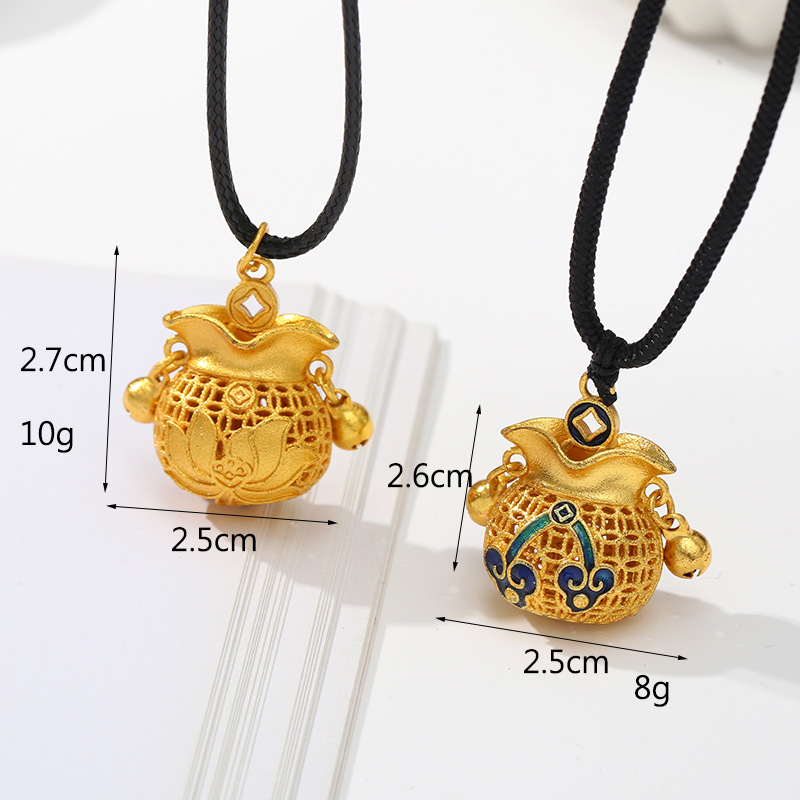 爆款新中式平安锁黑绳项链沙金黄铜吊坠金色福袋挂饰挂件现货批发详情图3