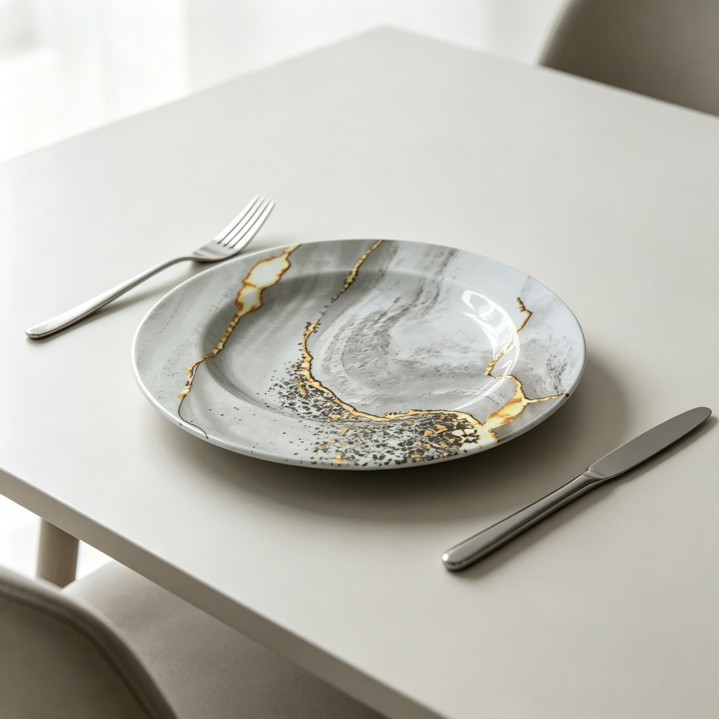 Factory direct sales of grayish-white marble gilded cracked round melamine dinner plates in commercial stock, durable and wear-resistant