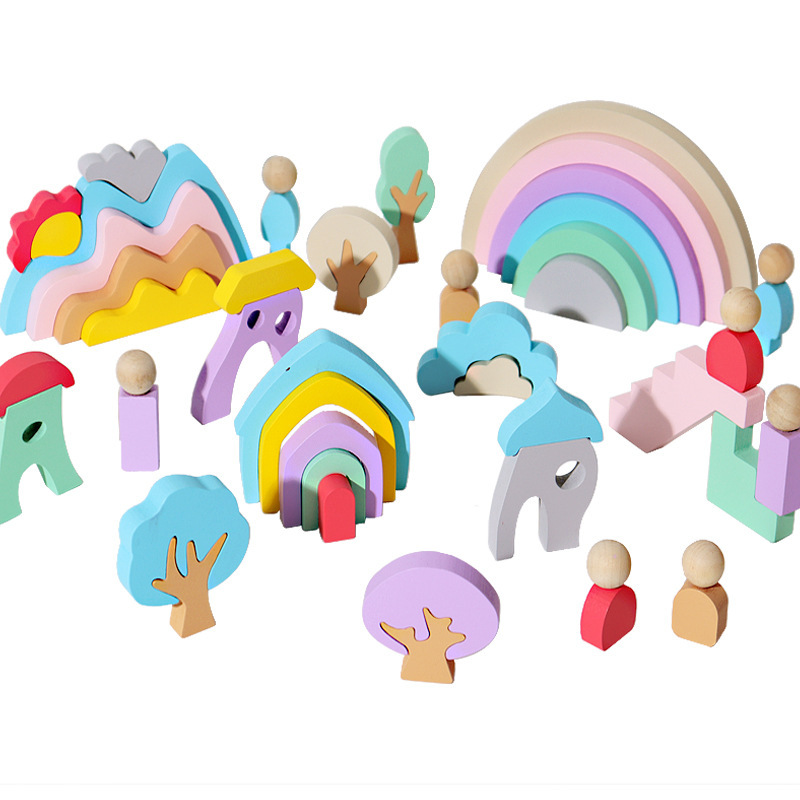 Children's wooden rainbow building blocks, jigsaw puzzles, Jenga, kindergarten babies' educational toys, early education creative fine motor medium particle building blocks Item Picture