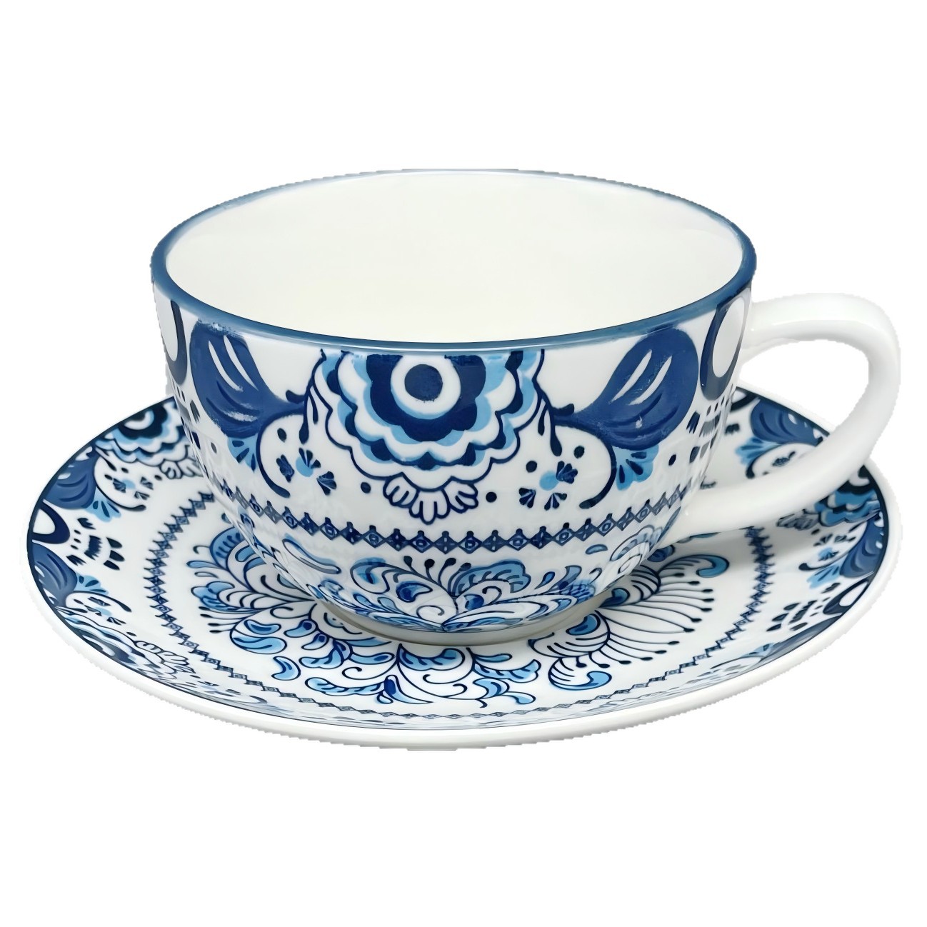 European retro bone China coffee cup and saucer set, blue and white gilded light luxury afternoon tea ceramic latte cup Item Picture