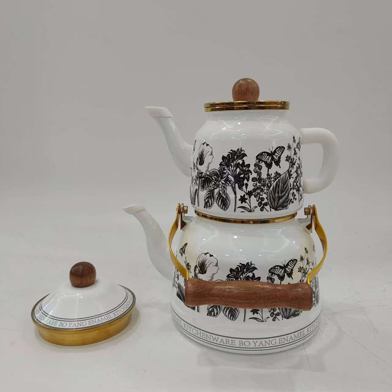 High-end wooden handle coffee teapot 1.0+2.5L universal enamel enamel induction cooker gas suitable for cooling teapot daily necessities Item Picture
