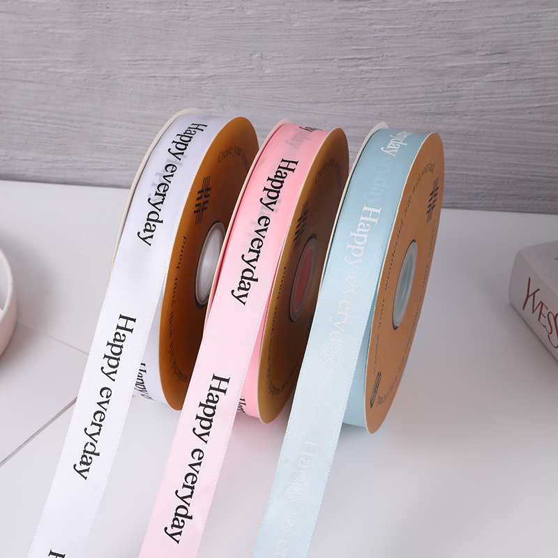 Printed "happy" English polyester tape, festival floral art gift packaging tape, car ribbon, clothing decoration polyester tape details Picture