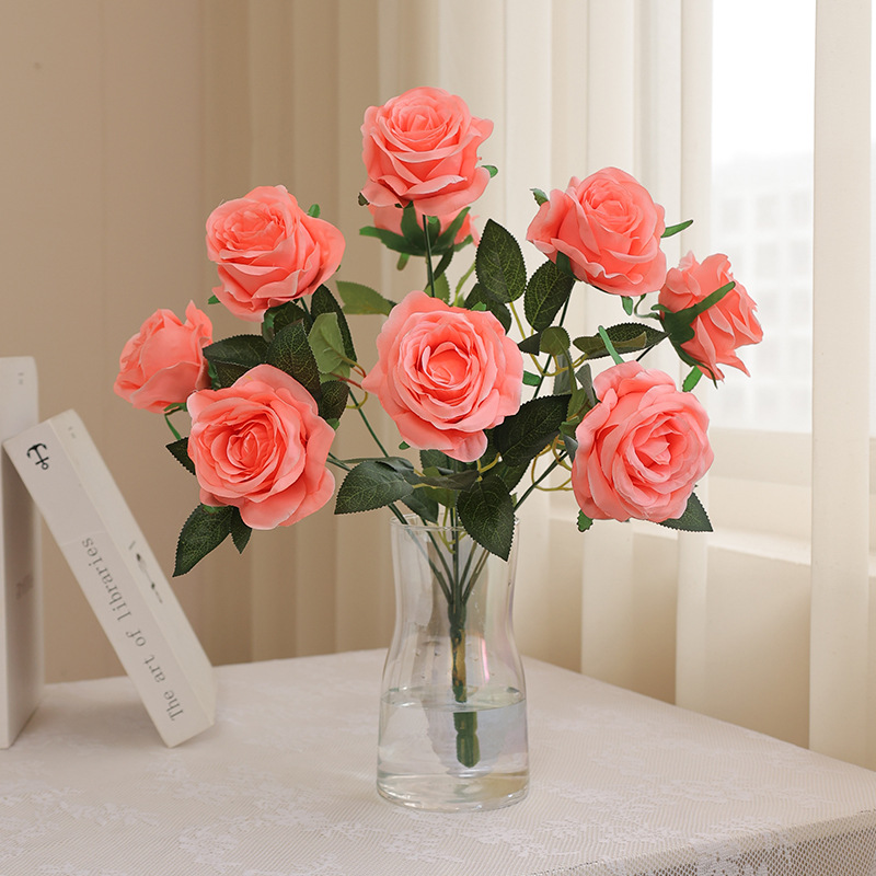 花艺家居装饰假花婚庆用品新娘手捧大玫瑰仿真9头束办公文化仿真园艺花礼盒