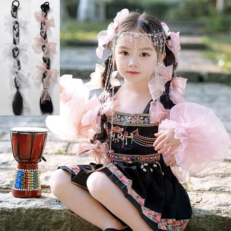 Children's Hani ethnic false braids, long hair, double ponytails, bows, baby hair accessories, photo props, cute braids Children's Hani ethnic false braids, long hair, double ponytails, bows, baby hair accessories, photo props, cute braids