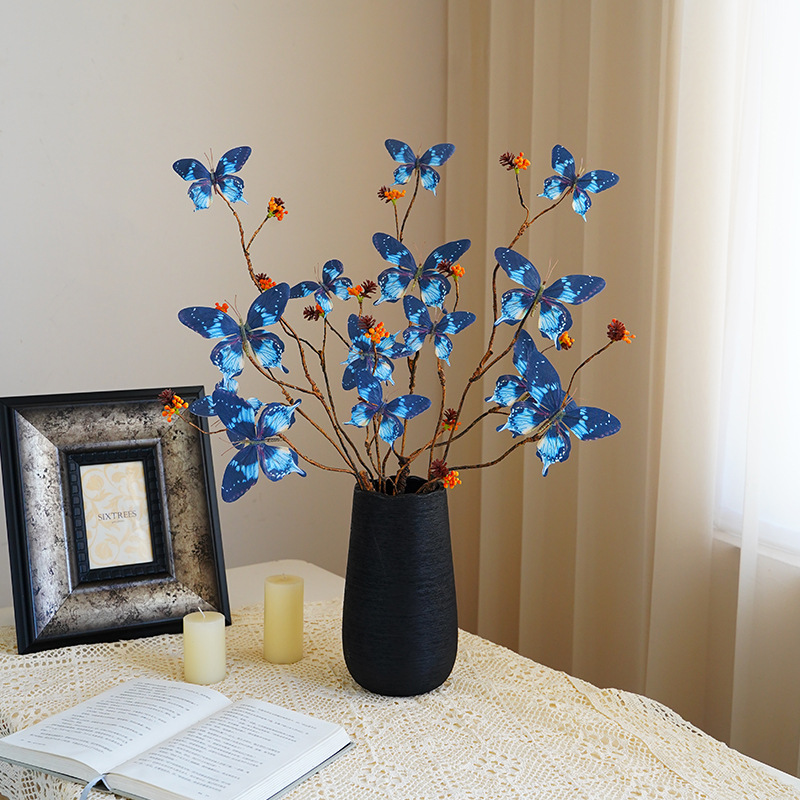 新款创意五头花蝴蝶仿真花欧式家居餐厅摆件插花摄影道具假花办公文化仿真园艺植物配件