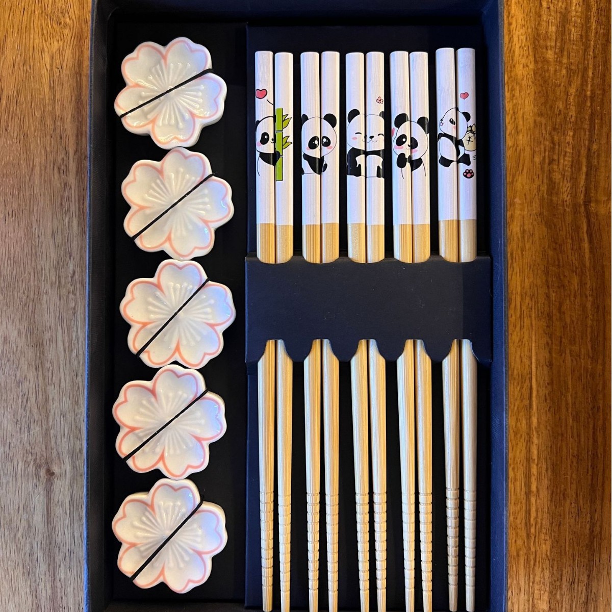 Five Blessings Panda Cherry Blossom Chopstick Holder New five-pair Gift box, tableware, daily necessities wholesale, gift-giving, practical household items details Picture