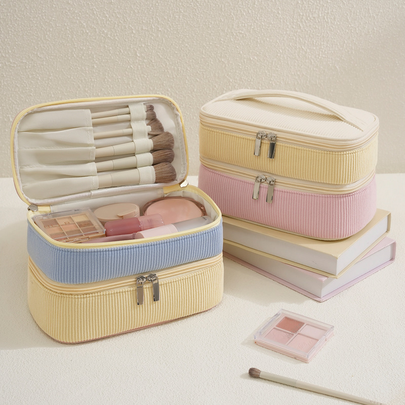 Corduroy double-layer hand-held makeup bag, portable large-capacity makeup storage bag, built-in makeup brush, independent compartment, travel skin care products, separate storage, toiletries bag, macaron girls' beauty bag