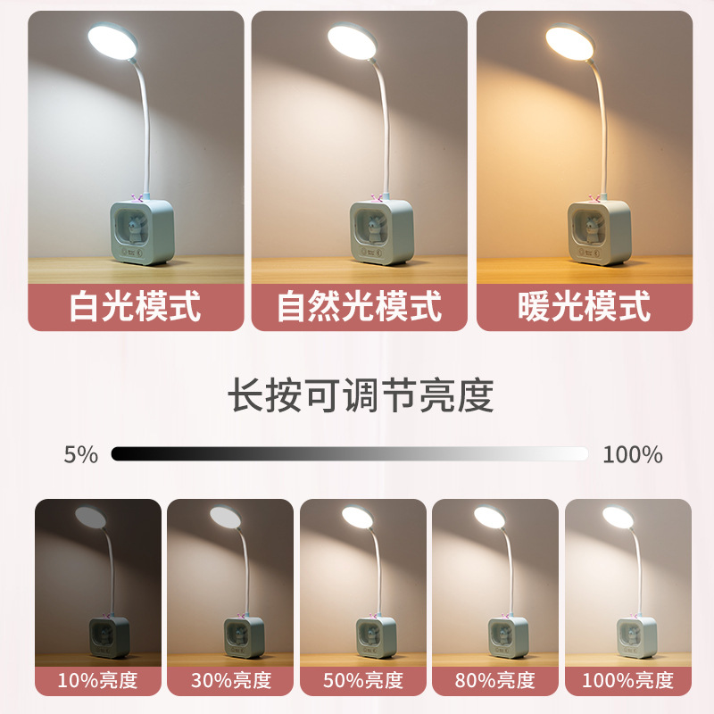 Creative LED eye-protecting desk lamp, USB rechargeable dual-purpose, cartoon seven-color ambient light, white warm light adjustable night light, gift Application Scenario