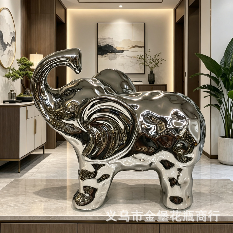 A pair of light luxury electroplated elephant ornaments, a ceramic elephant for the living room entrance, as a soft decoration gift for a housewarming and opening ceremony Application Scenario