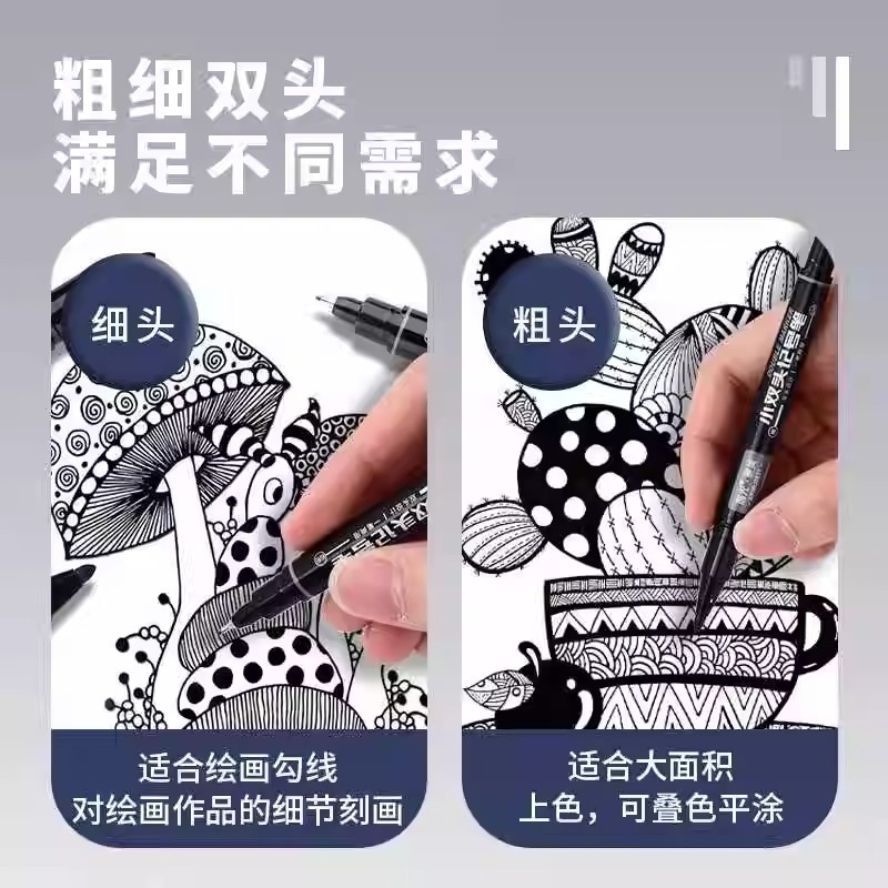 Marker pen, outlining pen, art special, black double-headed outlining, quick-drying, waterproof, no color fading, waterproof, quick-drying details Picture