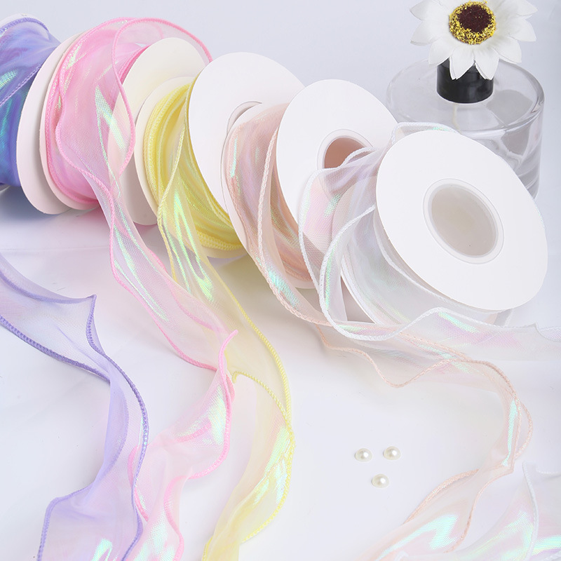 Colorful fishtail yarn 4cm factory wholesale, handmade DIY colorful ribbon roll, flower gift box packaging, iride-colored yarn ribbon, office cultural atmosphere decoration, latte art, colorful strips details Picture
