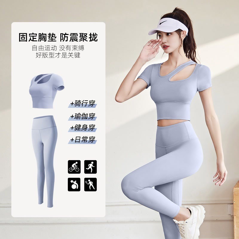 New off-the-shoulder short-sleeved and long pants yoga wear set for women, breathable and slimming, running and exercise one-piece fitness wear details Picture