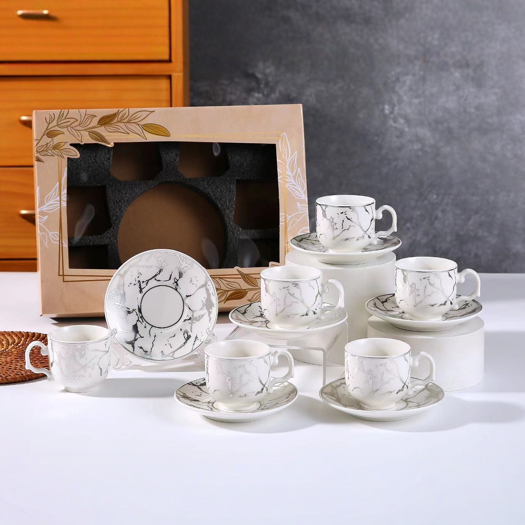 Retro rough pottery export cup and plate set, creative afternoon tea and coffee gift box, six-piece breakfast cup Specification image