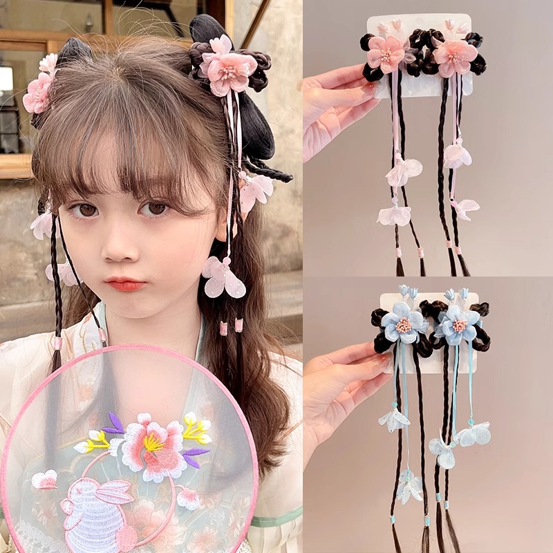 Ancient-style wigs, braids, hair accessories, cute flower hair clips for little girls, children's Hanfu headwear, Chinese-style hair clips for girls Specification image