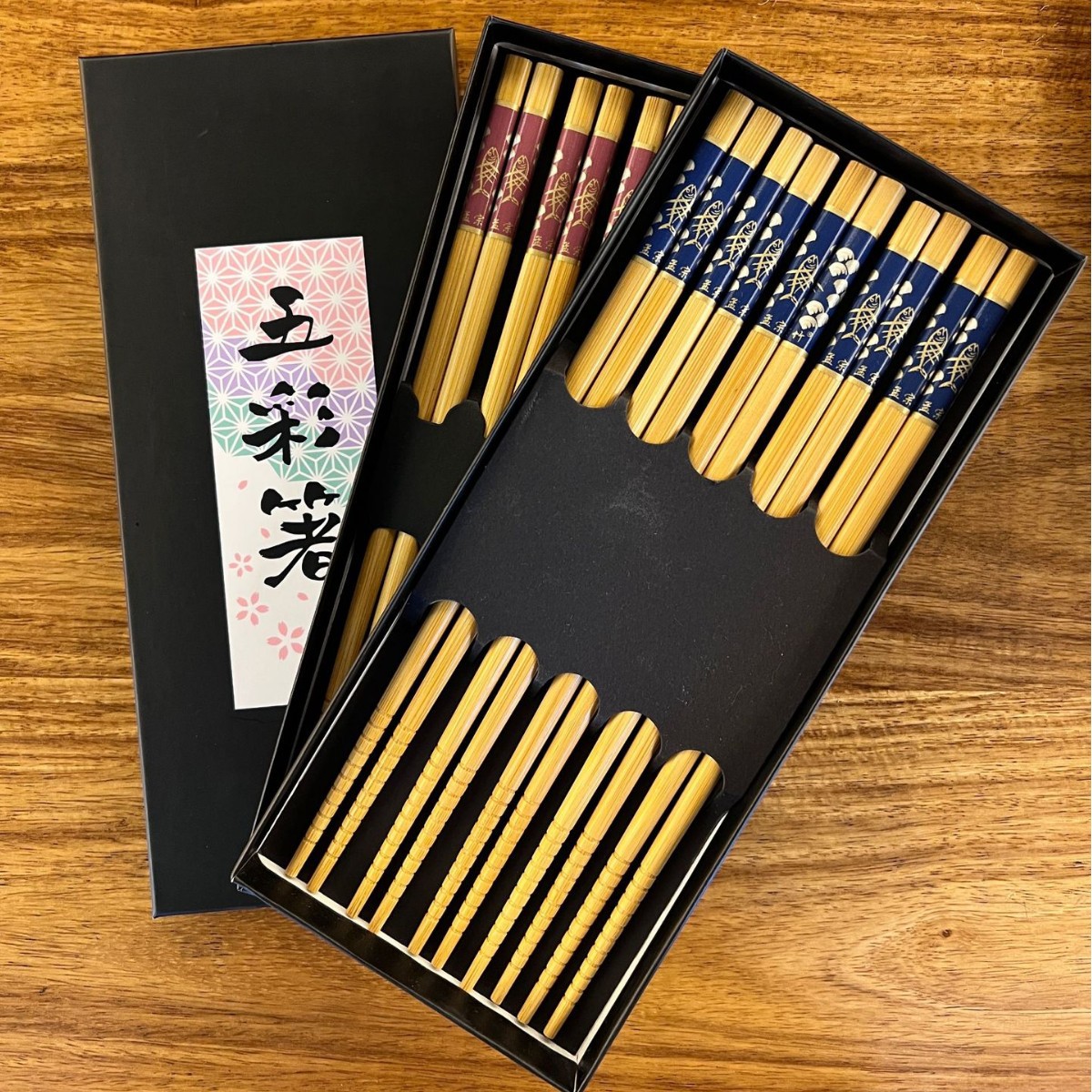 Japanese-style and Chinese-style bamboo chopsticks, red and blue fish printed tableware, five pairs set, home, restaurant, daily necessities details Picture
