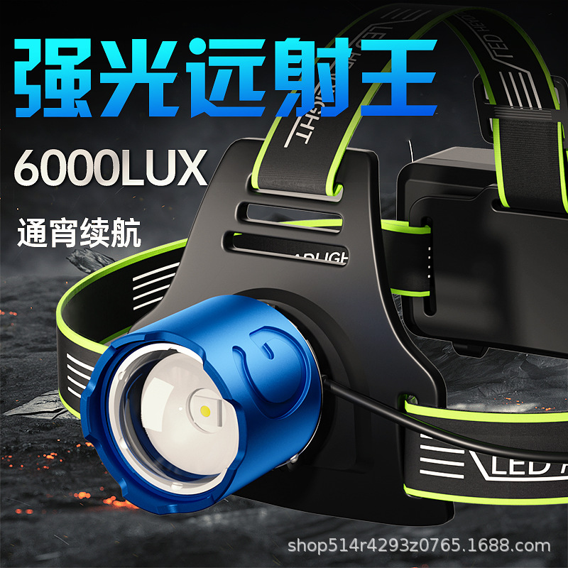 Aluminum alloy headlamp, dual lithium battery, outdoor strong light, waterproof LED charging head-mounted camping fishing searchlight, daily necessities lighting flashlight