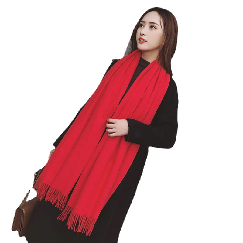 Solid-color faux cashmere scarf, thick and warm shawl for women, versatile, suitable for both men and women in autumn and winter, cashmere blanket, home textile, bright red Item Picture