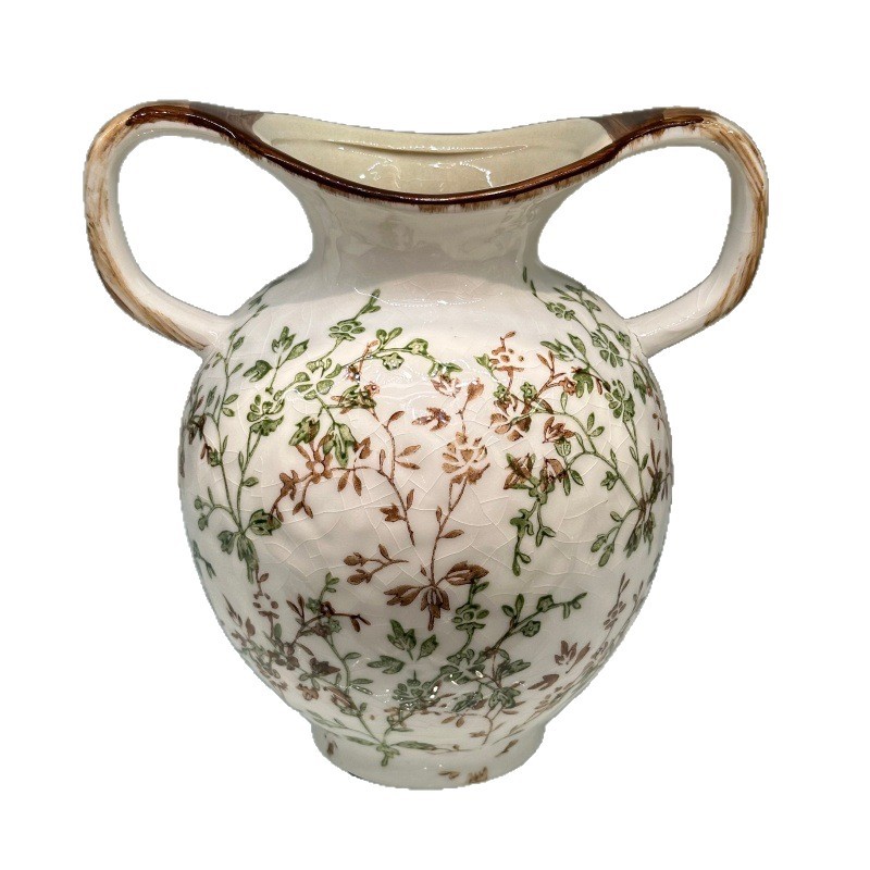 Double-eared ceramic ice-cracked small flower vase for water-grown flowers, hand-painted flowerpot ceramic vase Item Picture