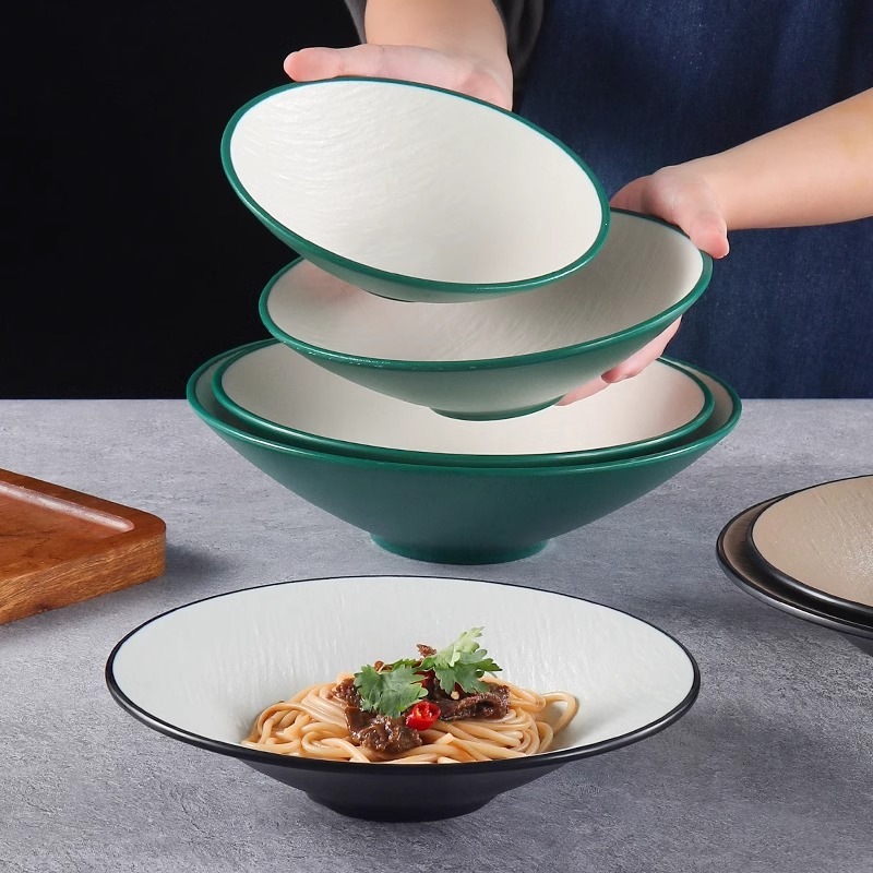 Melamine plastic shallow-mouthed tableware with a variety of heat-resistant and shock-resistant options for salad soup noodle bowls made of imitation porcelain details Picture