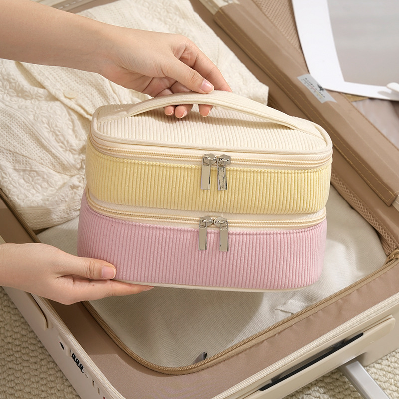 Corduroy double-layer hand-held makeup bag, portable large-capacity makeup storage bag, built-in makeup brush, independent compartment, travel skin care products, separate storage, toiletries bag, macaron girls' beauty bag Specification image
