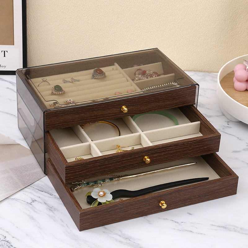 Walnut wood grain solid wood three-in-one jewelry box, drawer-type multi-functional dust-proof and moisture-proof retro storage box, jewelry organization bag box, cardstock details Picture