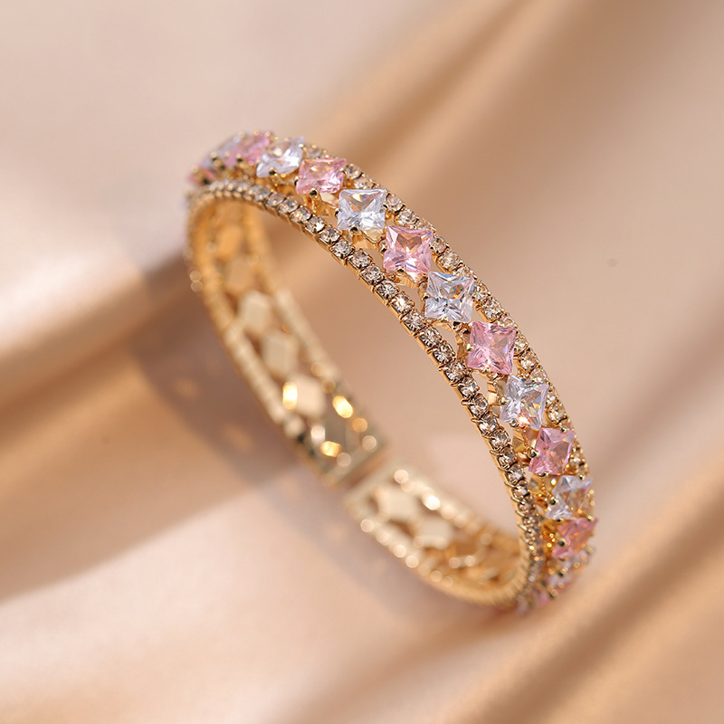 欧美镶钻锆石开口手镯网红个性几何手链ins时尚金属手饰