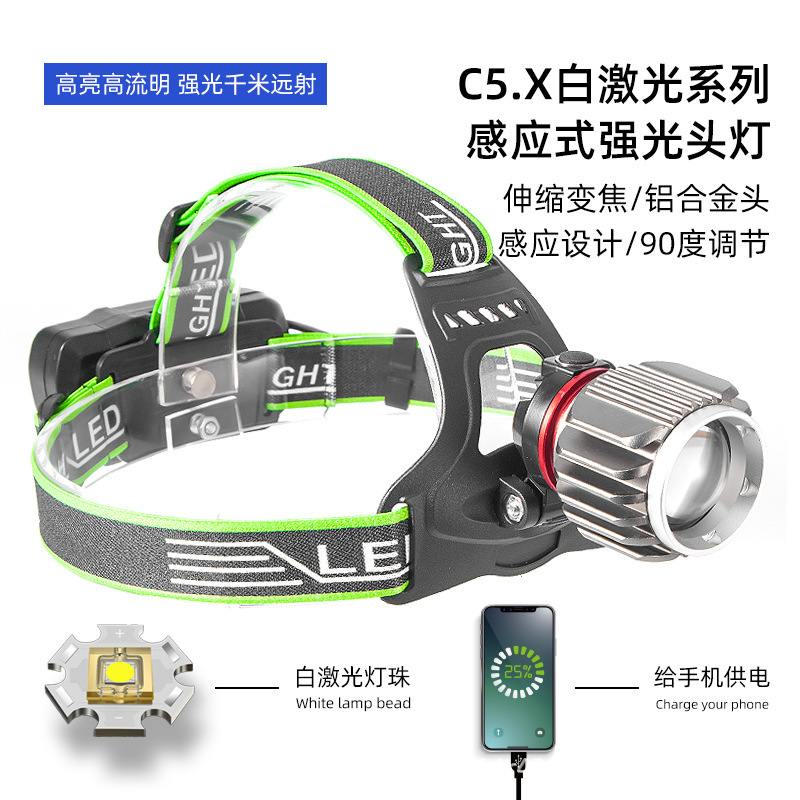White laser LED telescopic zoom headlamp, 18650 charging outdoor headlamp, high-brightness long-range adventure lighting flashlight headlamp