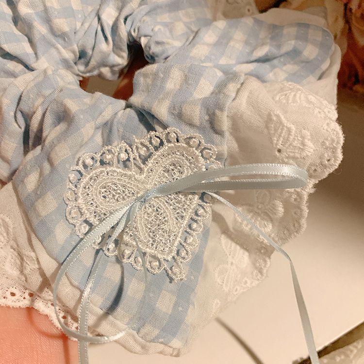 Sea salt bubble blue checkered bow lace large hair band for women, Korean summer super large hair tie headwear details Picture