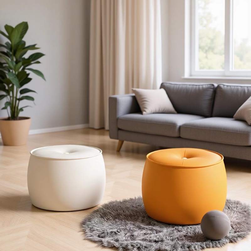 Pumpkin round stool, household small stool, shoe-changing stool, light luxury seat cushion, popular simple coffee table, low stool, living room children's stool cushion Specification image