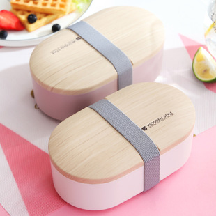 Japanese-style bamboo and wood lid double-layer plastic lunch box, microwave portable lunch box set, student and office worker lunch box pic 13